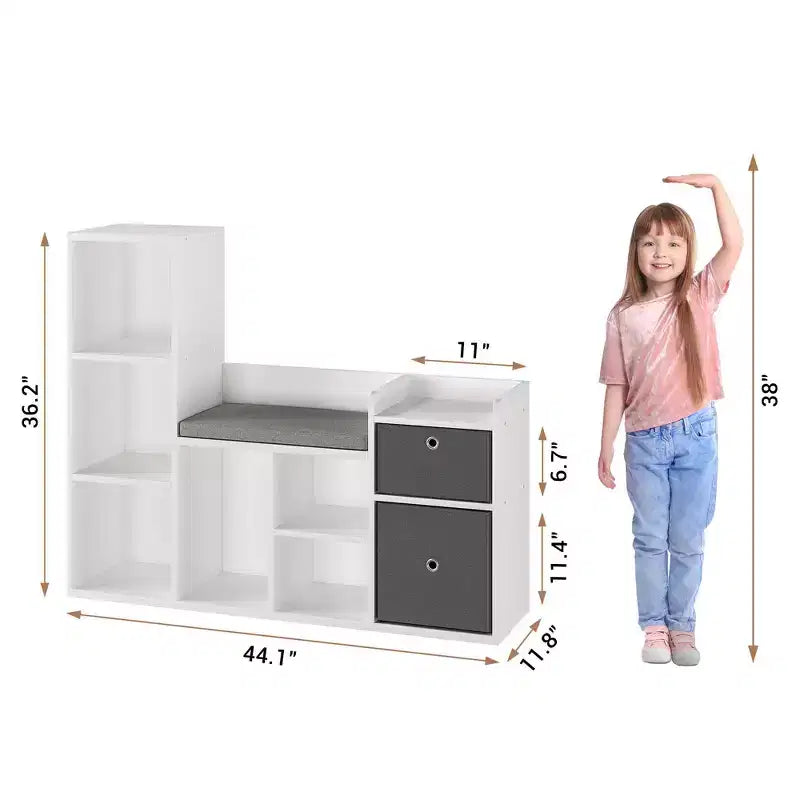 Étagère à livres pour enfants, bibliothèque pour enfants de 112 cm avec siège rembourré doux, casier de rangement pour jouets pour enfants, meuble de rangement pour enfants