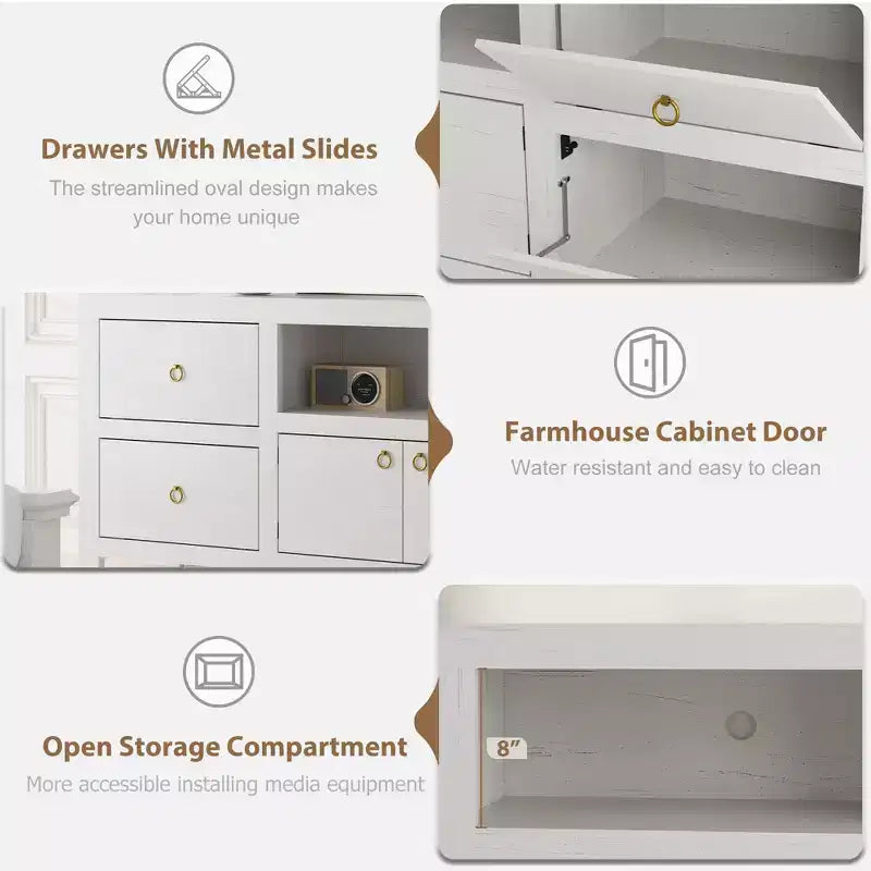 Meuble TV de ferme pour téléviseurs de 75/80 pouces, meuble de rangement de 70 pouces de long avec 6 tiroirs de rangement et étagère pour barre de son, consoles de télévision marron