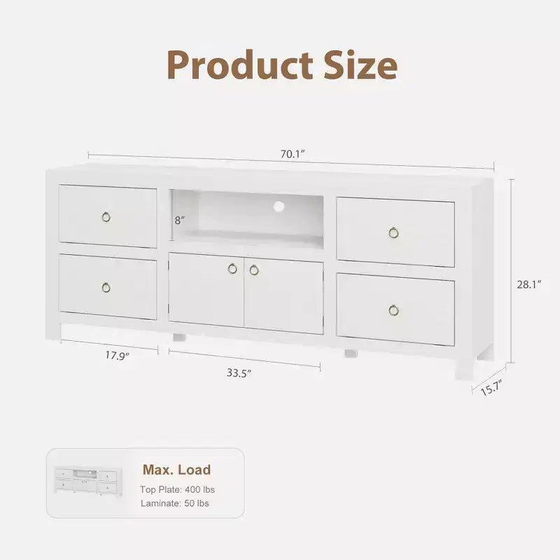 Meuble TV de ferme pour téléviseurs de 75/80 pouces, meuble de rangement de 70 pouces de long avec 6 tiroirs de rangement et étagère pour barre de son, consoles de télévision marron