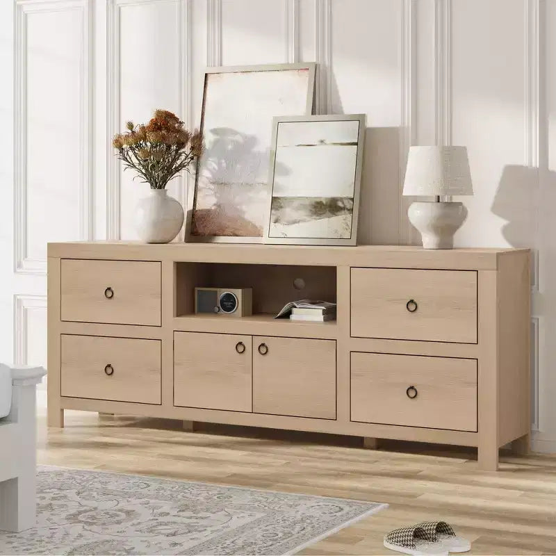 Meuble TV de ferme pour téléviseurs de 75/80 pouces, meuble de rangement de 70 pouces de long avec 6 tiroirs de rangement et étagère pour barre de son, consoles de télévision marron