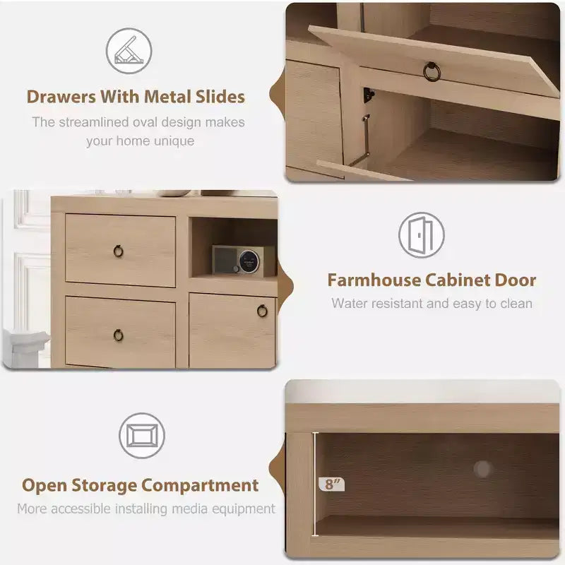 Meuble TV de ferme pour téléviseurs de 75/80 pouces, meuble de rangement de 70 pouces de long avec 6 tiroirs de rangement et étagère pour barre de son, consoles de télévision marron