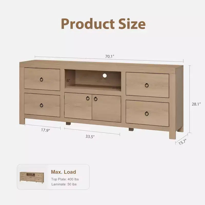 Meuble TV de ferme pour téléviseurs de 75/80 pouces, meuble de rangement de 70 pouces de long avec 6 tiroirs de rangement et étagère pour barre de son, consoles de télévision marron