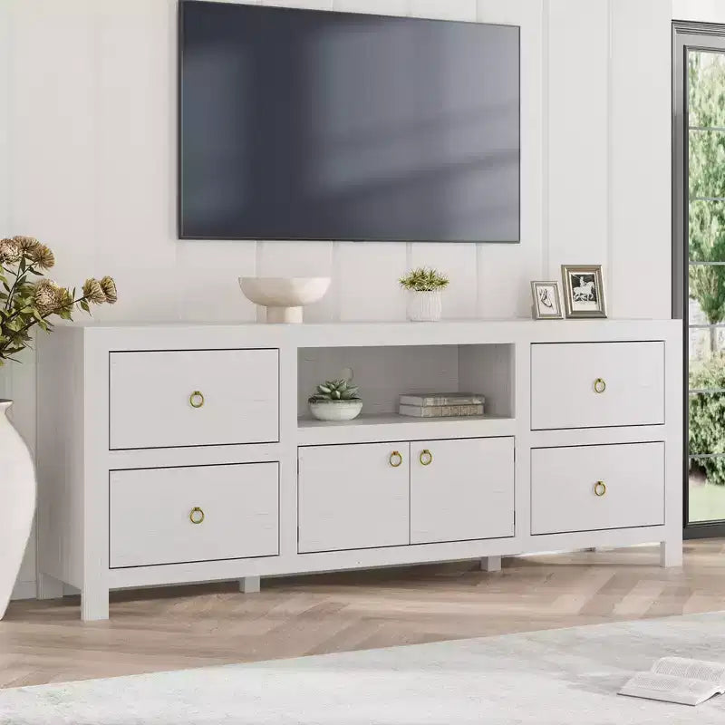 Meuble TV de ferme pour téléviseurs de 75/80 pouces, meuble de rangement de 70 pouces de long avec 6 tiroirs de rangement et étagère pour barre de son, consoles de télévision marron