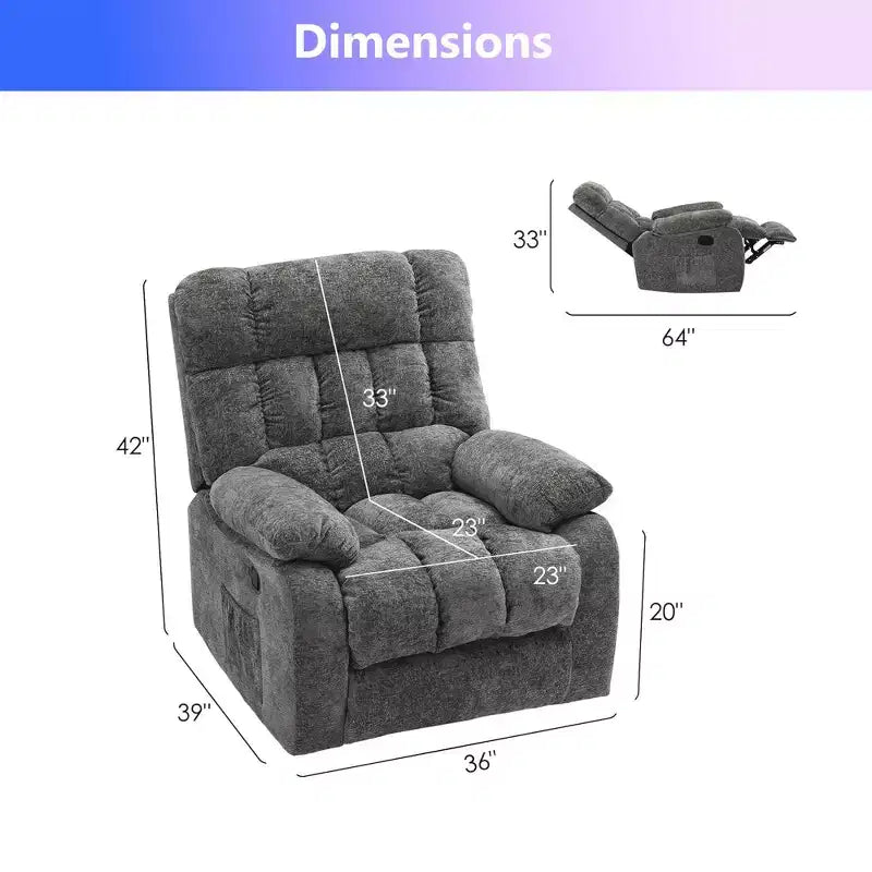 Fauteuil inclinable ergonomique avec repose-pieds réglable de 110 à 160°, pochette latérale pour salon, gris