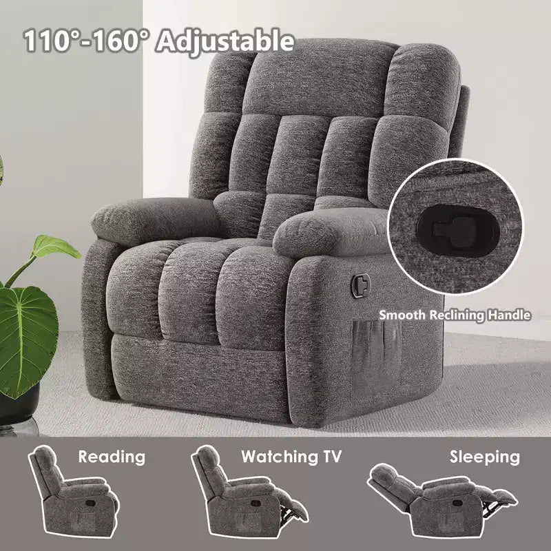 Fauteuil inclinable ergonomique avec repose-pieds réglable de 110 à 160°, pochette latérale pour salon, gris