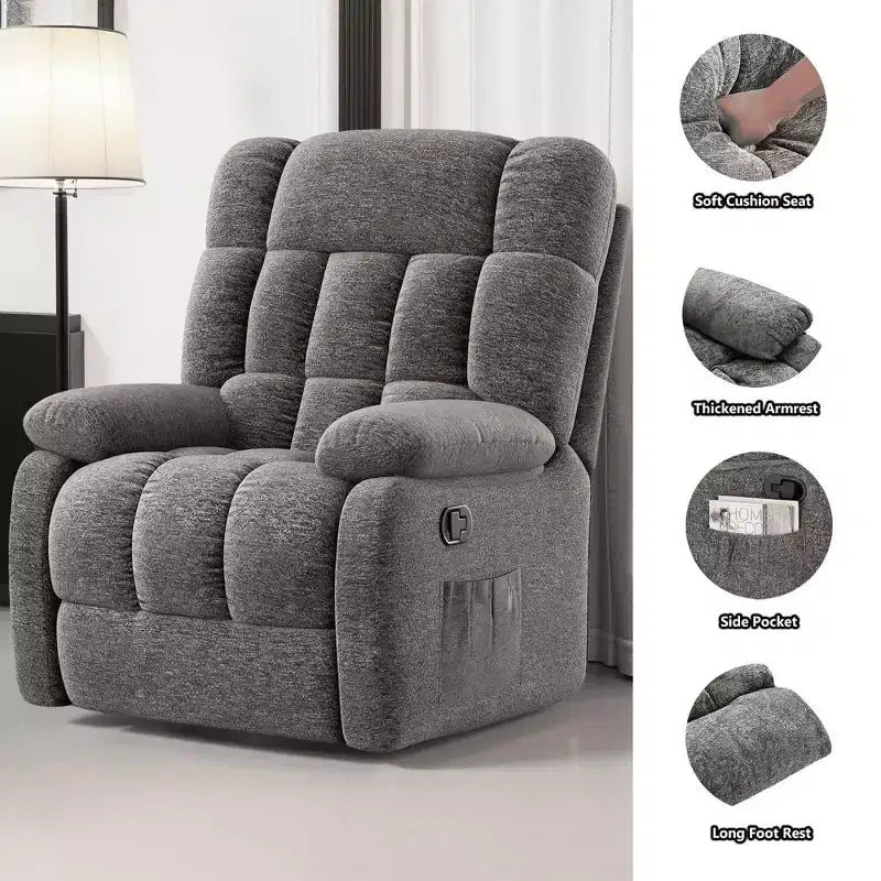 Fauteuil inclinable ergonomique avec repose-pieds réglable de 110 à 160°, pochette latérale pour salon, gris