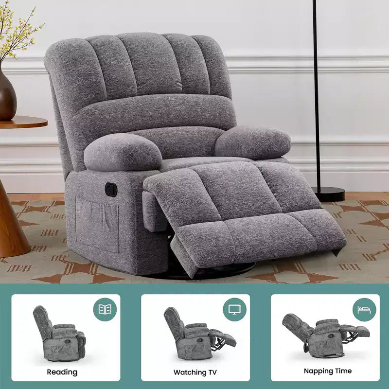 Fauteuil inclinable pivotant et basculant extra-large gris foncé pour salon d'adultes