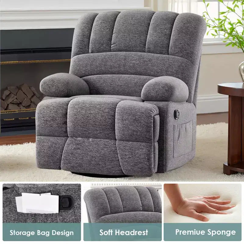Fauteuil inclinable pivotant et basculant extra-large gris foncé pour salon d'adultes