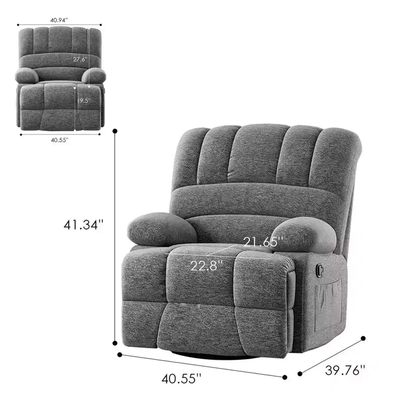 Fauteuil inclinable pivotant et basculant extra-large gris foncé pour salon d'adultes