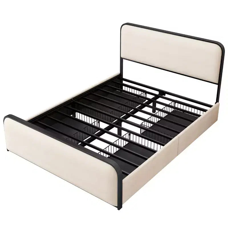 Lit plateforme moderne rembourré avec 4 tiroirs de rangement sous le lit