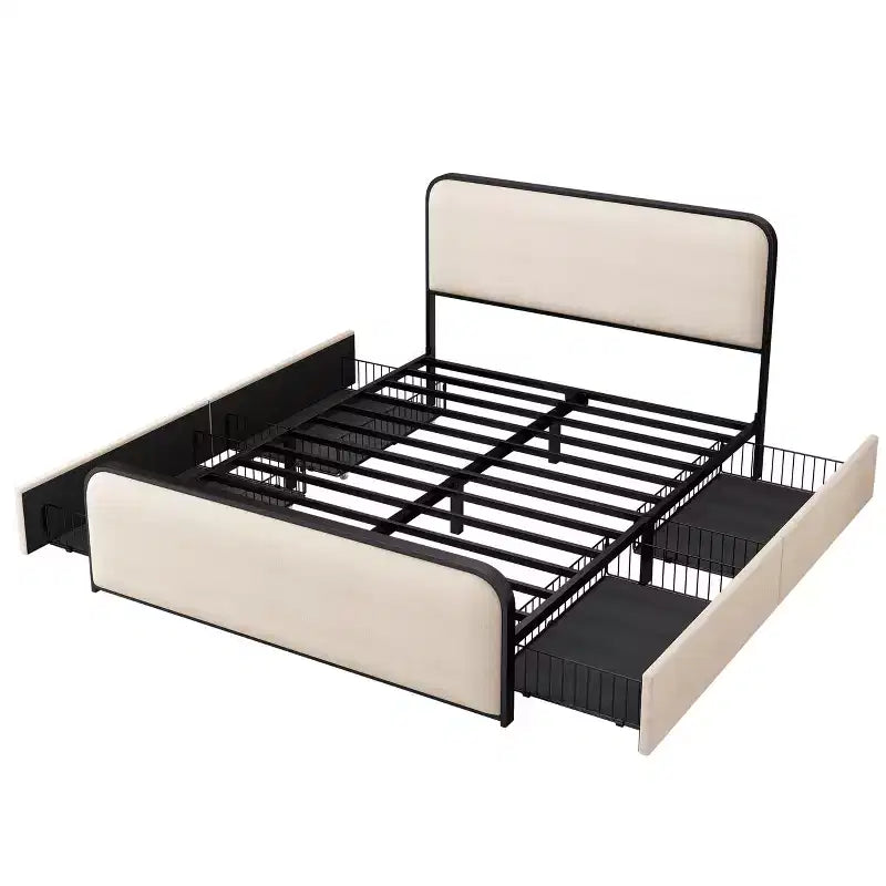Lit plateforme moderne rembourré avec 4 tiroirs de rangement sous le lit