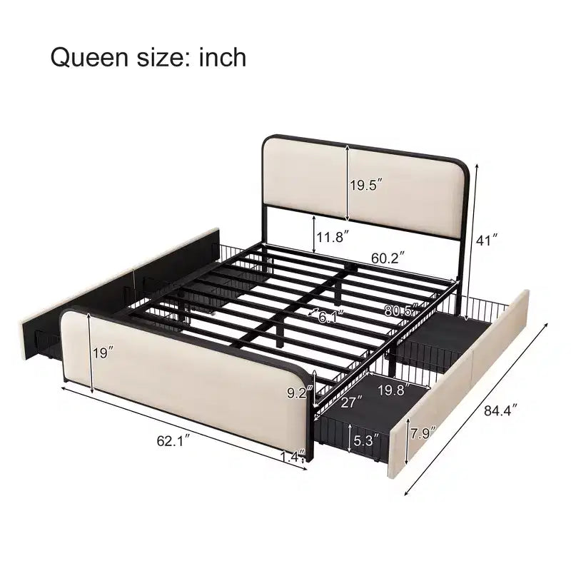 Lit plateforme moderne rembourré avec 4 tiroirs de rangement sous le lit