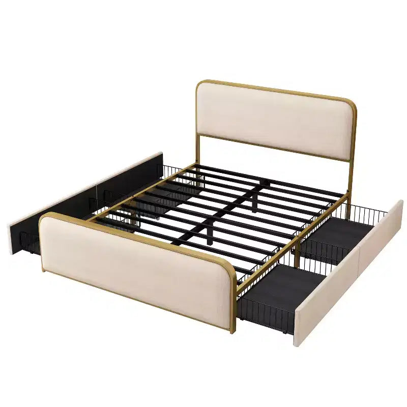 Lit plateforme moderne rembourré avec 4 tiroirs de rangement sous le lit