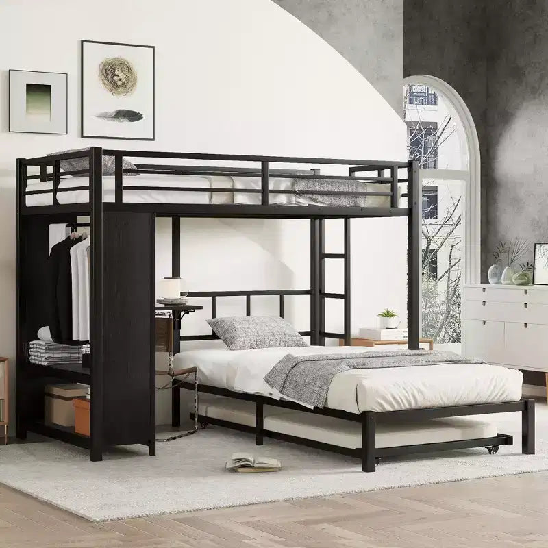 Twin over Twin Bunk Bed with Built-in Wardrobe Metal Bunk Bed with Trundle Foldable Desk Ladders Noise-reduced design Black