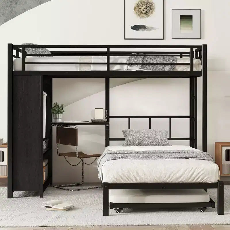 Lit superposé jumeau sur jumeau avec armoire intégrée Lit superposé en métal avec lit gigogne Bureau pliant Échelles Conception à réduction de bruit Noir