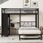 Lit superposé jumeau sur jumeau avec armoire intégrée Lit superposé en métal avec lit gigogne Bureau pliant Échelles Conception à réduction de bruit Noir