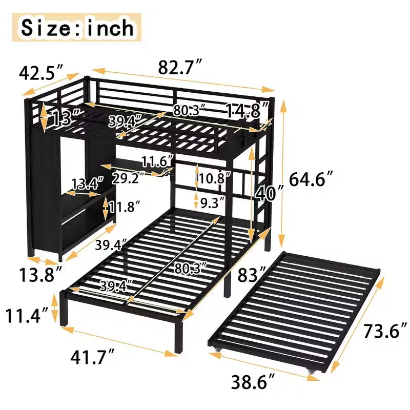 Lit superposé jumeau sur jumeau avec armoire intégrée Lit superposé en métal avec lit gigogne Bureau pliant Échelles Conception à réduction de bruit Noir