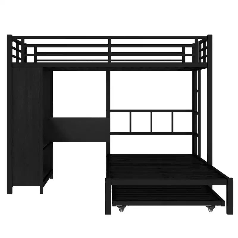 Lit superposé jumeau sur jumeau avec armoire intégrée Lit superposé en métal avec lit gigogne Bureau pliant Échelles Conception à réduction de bruit Noir