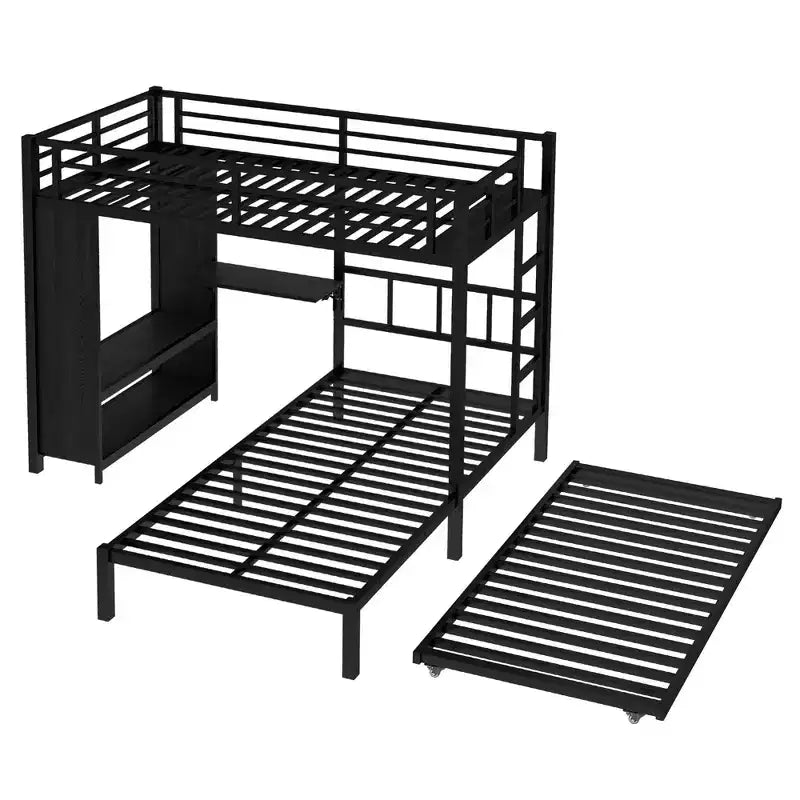 Lit superposé jumeau sur jumeau avec armoire intégrée Lit superposé en métal avec lit gigogne Bureau pliant Échelles Conception à réduction de bruit Noir