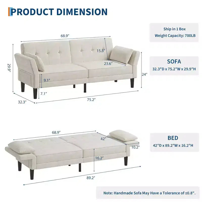 Canapé moderne 89 avec 2 oreillers, futon convertible en chenille rembourré avec dossier réglable, canapé profond pour appartement, beige