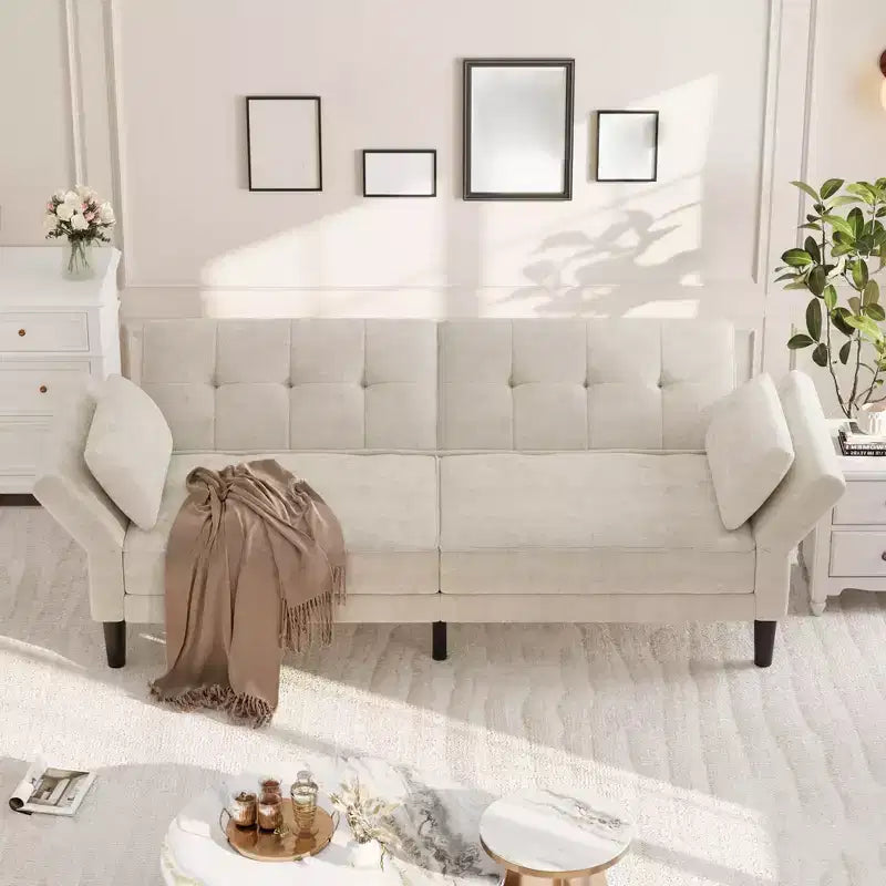 Canapé moderne 89 avec 2 oreillers, futon convertible en chenille rembourré avec dossier réglable, canapé profond pour appartement, beige