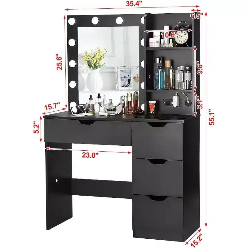 Coiffeuse avec 4 tiroirs, 2 étagères, Commode moderne, Chambre ou Dressing