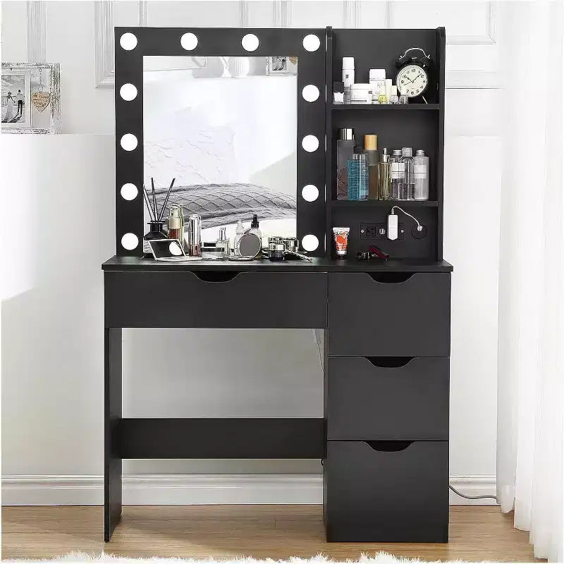 Coiffeuse avec 4 tiroirs, 2 étagères, Commode moderne, Chambre ou Dressing