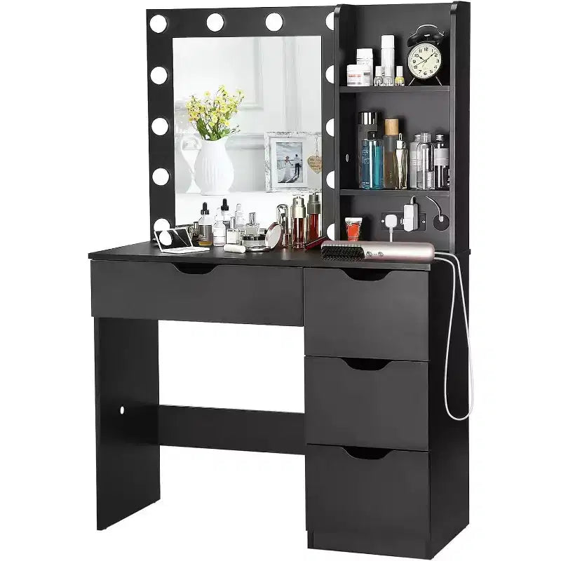 Coiffeuse avec 4 tiroirs, 2 étagères, Commode moderne, Chambre ou Dressing