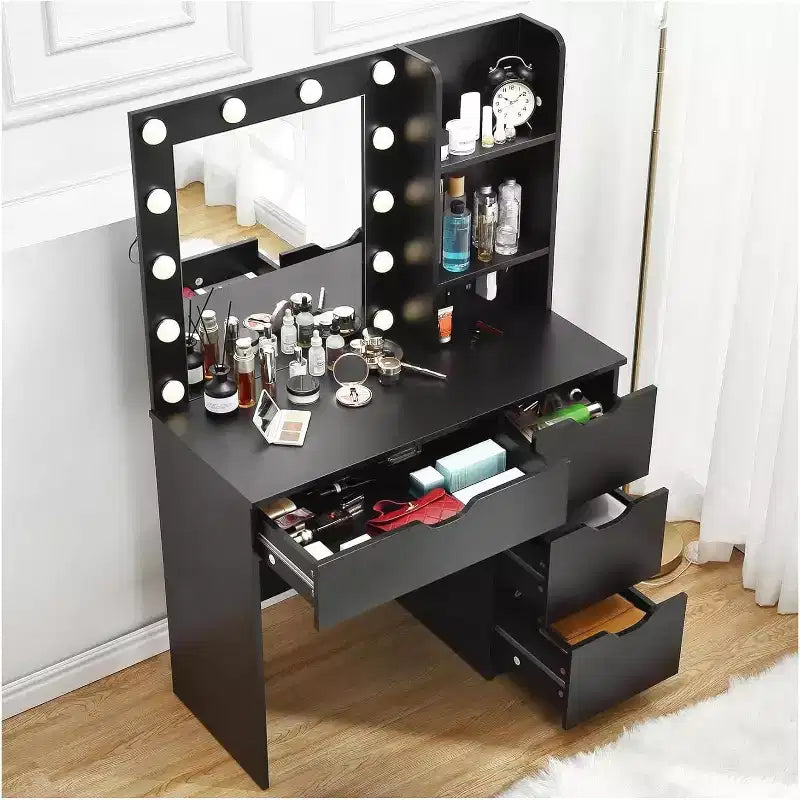 Coiffeuse avec 4 tiroirs, 2 étagères, Commode moderne, Chambre ou Dressing
