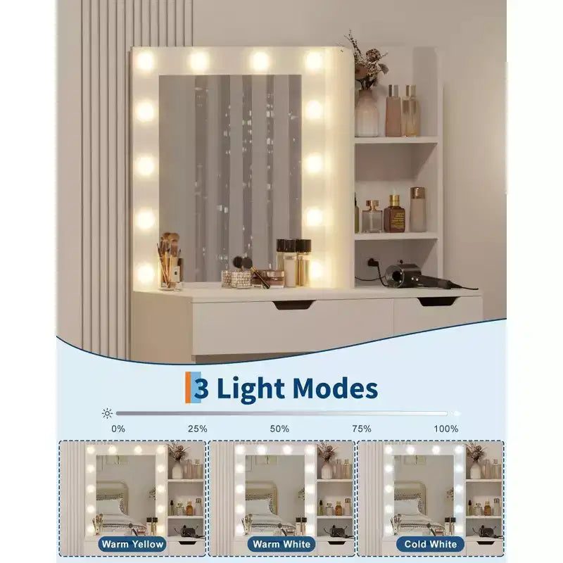Coiffeuse avec 4 tiroirs, 2 étagères, Commode moderne, Chambre ou Dressing
