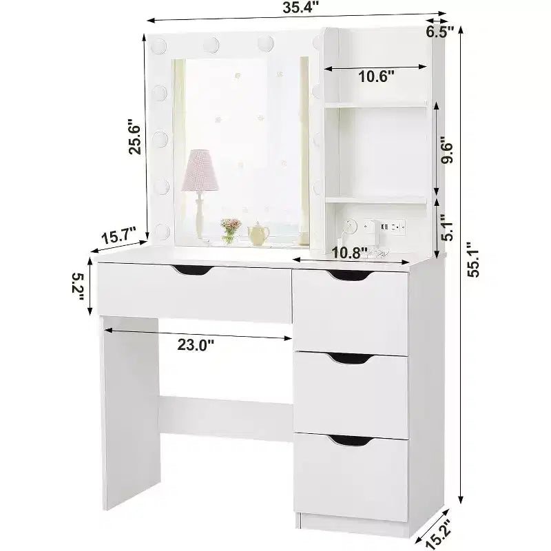 Coiffeuse avec 4 tiroirs, 2 étagères, Commode moderne, Chambre ou Dressing