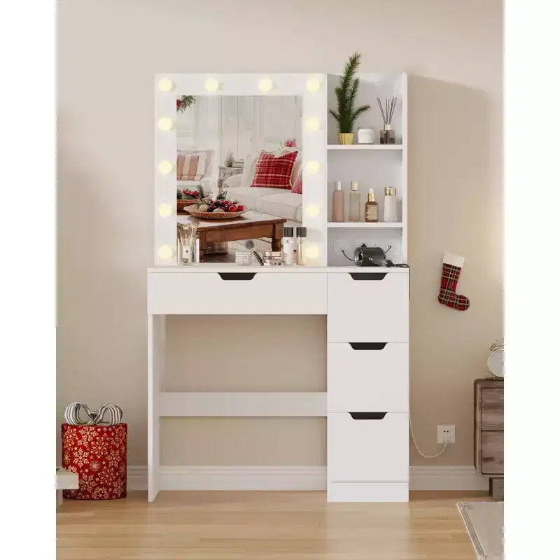 Coiffeuse avec 4 tiroirs, 2 étagères, Commode moderne, Chambre ou Dressing