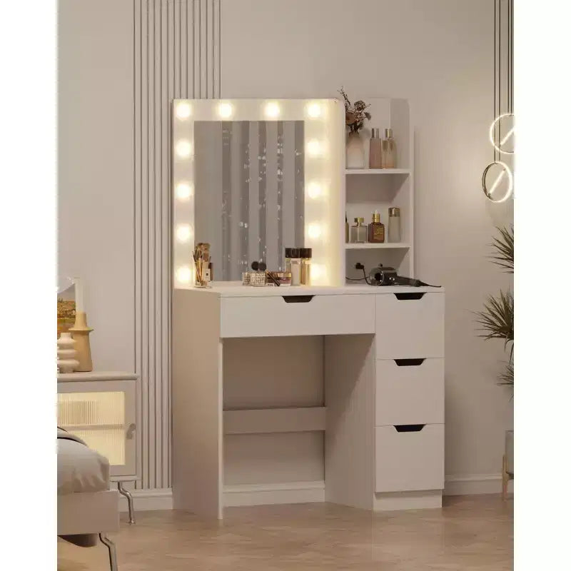 Coiffeuse avec 4 tiroirs, 2 étagères, Commode moderne, Chambre ou Dressing