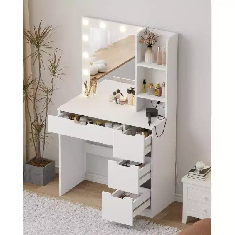 Coiffeuse avec 4 tiroirs, 2 étagères, Commode moderne, Chambre ou Dressing