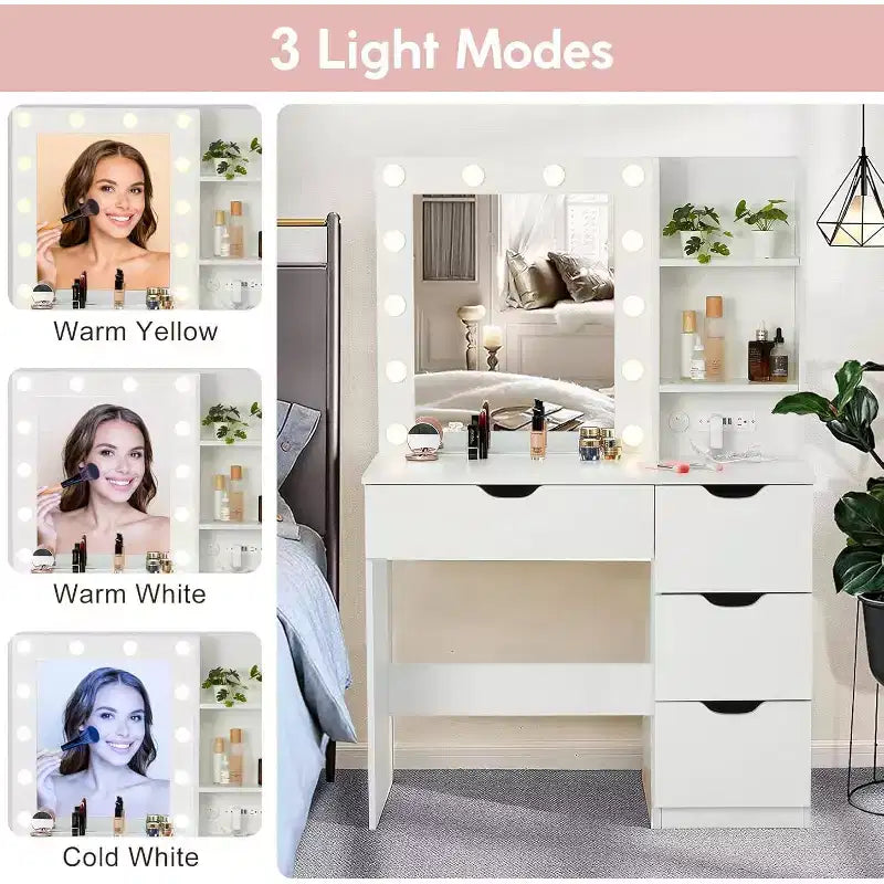 Coiffeuse avec 4 tiroirs, 2 étagères, Commode moderne, Chambre ou Dressing