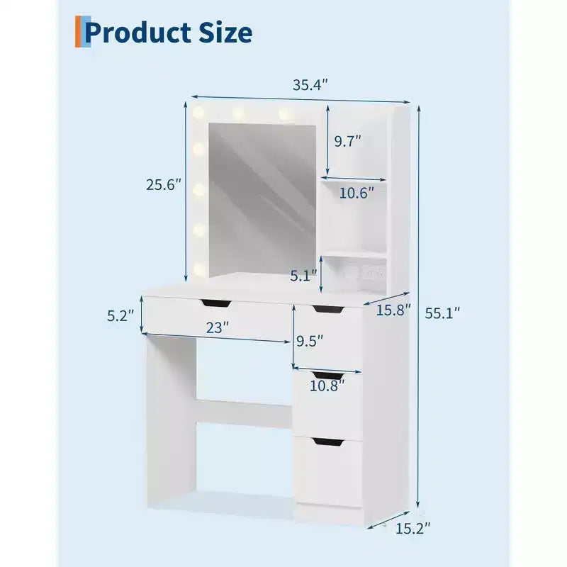 Coiffeuse avec 4 tiroirs, 2 étagères, Commode moderne, Chambre ou Dressing