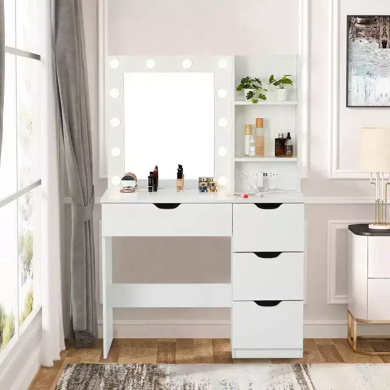 Coiffeuse avec 4 tiroirs, 2 étagères, Commode moderne, Chambre ou Dressing