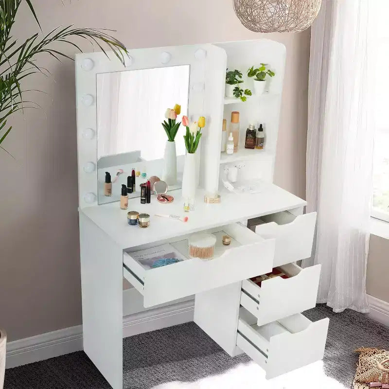 Coiffeuse avec 4 tiroirs, 2 étagères, Commode moderne, Chambre ou Dressing