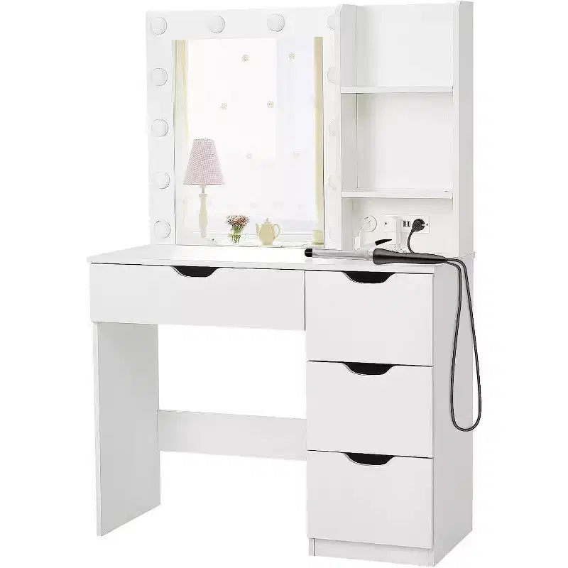 Coiffeuse avec 4 tiroirs, 2 étagères, Commode moderne, Chambre ou Dressing