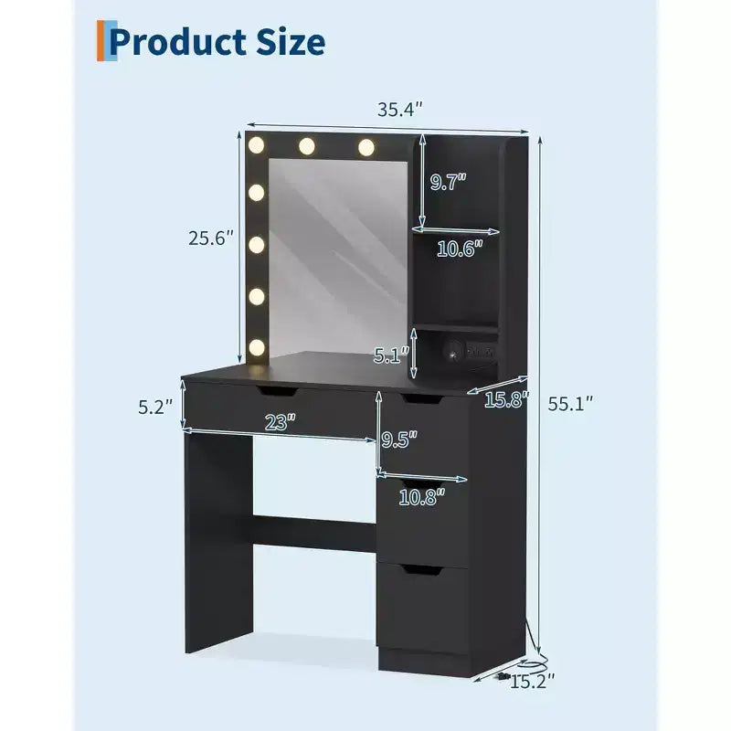 Coiffeuse avec 4 tiroirs, 2 étagères, Commode moderne, Chambre ou Dressing