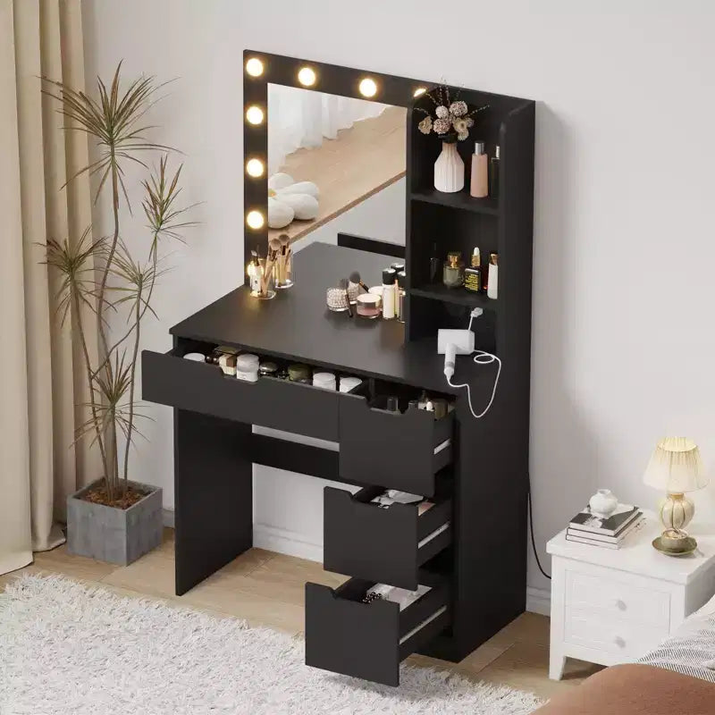 Coiffeuse avec 4 tiroirs, 2 étagères, Commode moderne, Chambre ou Dressing