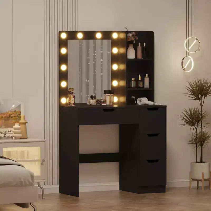Coiffeuse avec 4 tiroirs, 2 étagères, Commode moderne, Chambre ou Dressing
