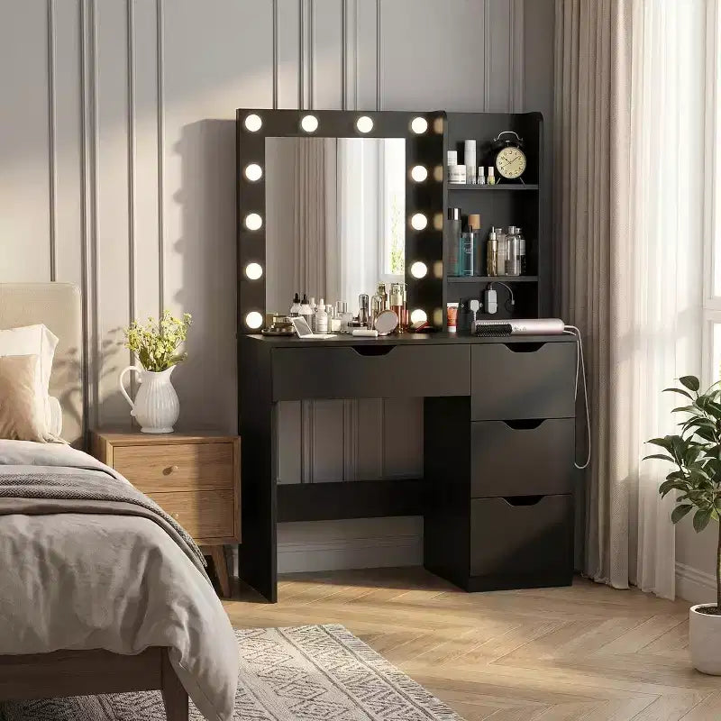 Coiffeuse avec 4 tiroirs, 2 étagères, Commode moderne, Chambre ou Dressing