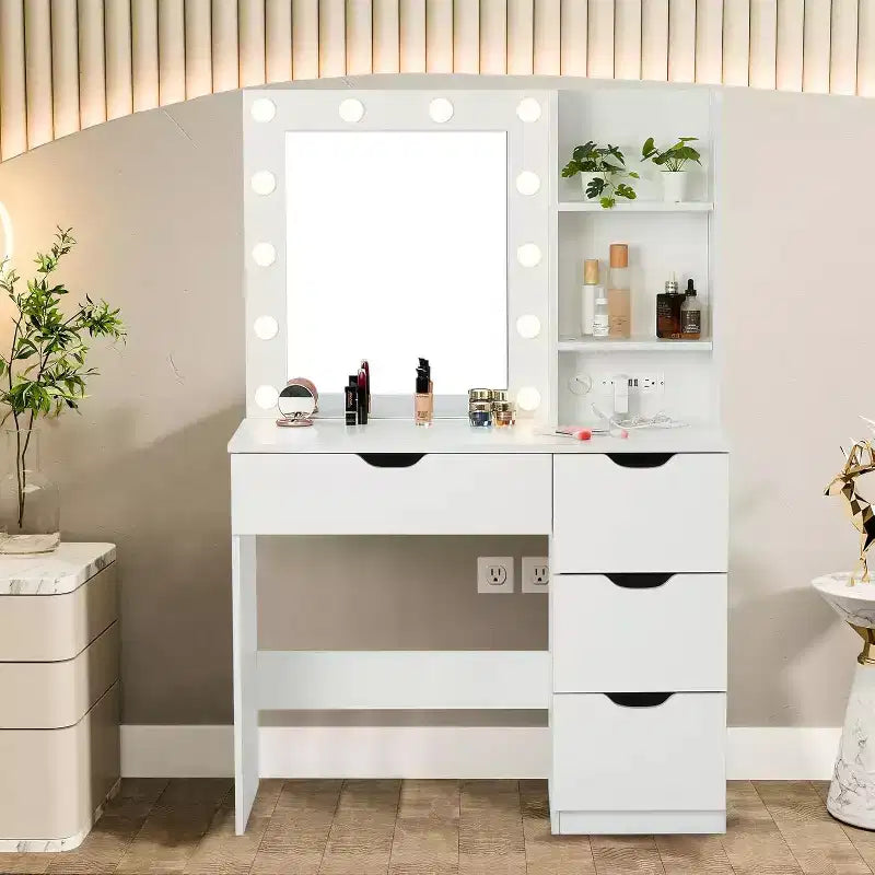 Coiffeuse avec 4 tiroirs, 2 étagères, Commode moderne, Chambre ou Dressing