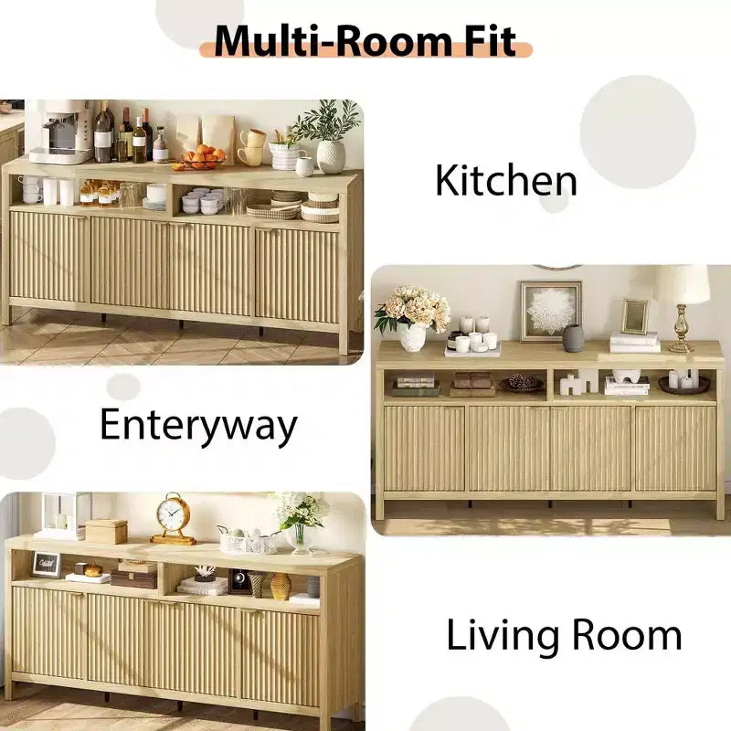 Buffet de cuisine cannelé de 167 cm avec 4 portes, meuble de rangement de cuisine, buffet en bois pour salle à manger, salon, entrée