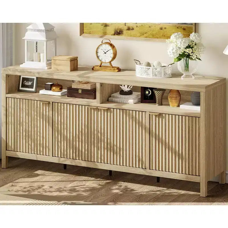 Buffet de cuisine cannelé de 167 cm avec 4 portes, meuble de rangement de cuisine, buffet en bois pour salle à manger, salon, entrée