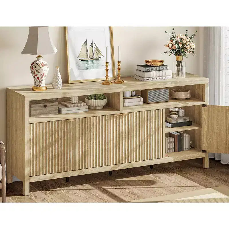 Buffet de cuisine cannelé de 167 cm avec 4 portes, meuble de rangement de cuisine, buffet en bois pour salle à manger, salon, entrée