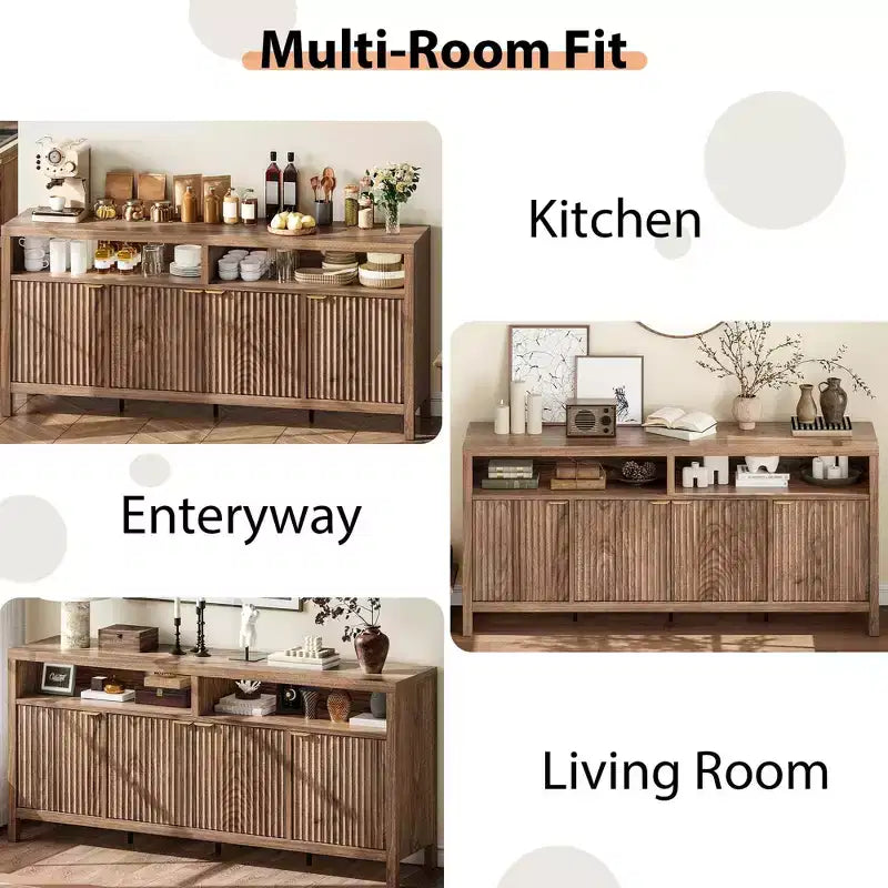Buffet de cuisine cannelé de 167 cm avec 4 portes, meuble de rangement de cuisine, buffet en bois pour salle à manger, salon, entrée