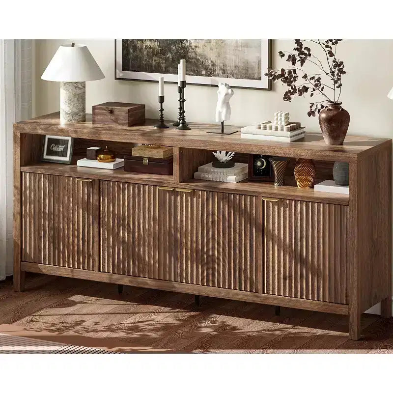 Buffet de cuisine cannelé de 167 cm avec 4 portes, meuble de rangement de cuisine, buffet en bois pour salle à manger, salon, entrée