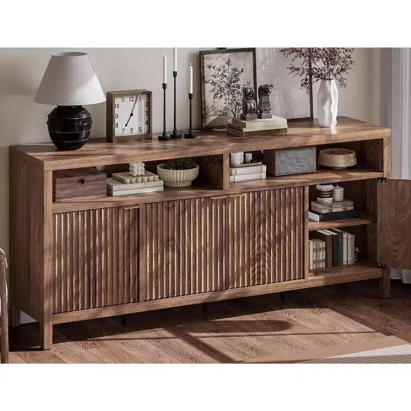 Buffet de cuisine cannelé de 167 cm avec 4 portes, meuble de rangement de cuisine, buffet en bois pour salle à manger, salon, entrée